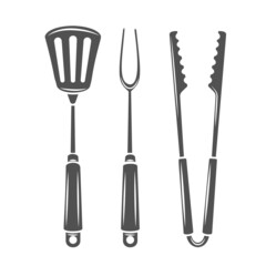 Barbecue tools silhouette glyph icon, engraved monochrome illustration. Tongs, carving fork, spatula for grilling.