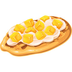 Croffle, Croissant Waffle Korean pastry. Croffle with topping pineapple pieces and sweet cream. Waffle menu vector illustration.