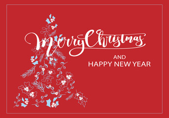 Vector. Merry Christmas and Happy New Year floral background, text design. Rustic horizontal template for a Christmas card, party invitation and other promotional items. Hand-drawn sketch.
