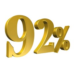92 Percent Gold Number Ninety Two 3D Rendering