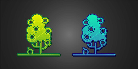 Green and blue Fruit tree icon isolated on black background. Agricultural plant. Organic farm product. Fruit garden. Gardening theme. Vector