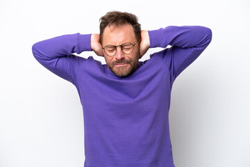 Fototapeta na wymiar Middle age caucasian man isolated on white background frustrated and covering ears