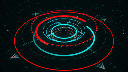Bright neon 3d abstract animation of circular graph with digits resembling a modern compass rotating on the dark background. Animation. Future and innovation concept.
