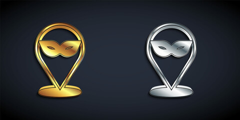 Gold and silver Carnival mask icon isolated on black background. Masquerade party mask. Long shadow style. Vector