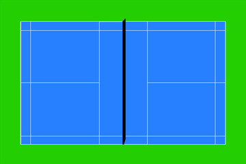 Recreational sport of badminton court in Asia looking at an empty blue vector court and green background.	
