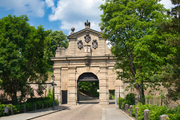 Leopold s Gate in spring day. Vysehrad. Prague. Unesco czech heritage.	

