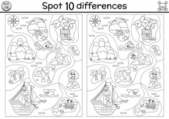 Black and white find differences game for children. Sea adventures line educational activity with cute pirate ship, treasure island map. Printable worksheet or coloring page with treasure chest. - obrazy, fototapety, plakaty