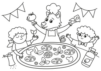 Black and white scene with cook wolf and two boys cooking pizza. Coloring page for Italian cuisine restaurant. Traditional Rome food and chef illustration. Funny contour drawing for kids.