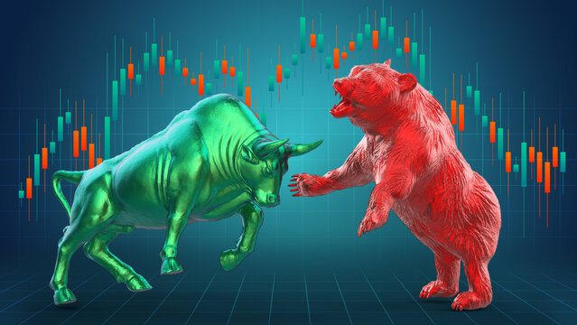 Bull and bear combined with candlestick. 3d illustration of stock market exchange or financial analysis.
