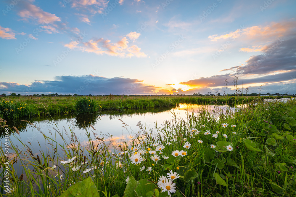 Wall mural the sun sets over the dutch polder landscape near gouda, holland