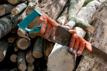 A rusty metal hacksaw with old working orange gloves saws a wooden log - obrazy, fototapety, plakaty