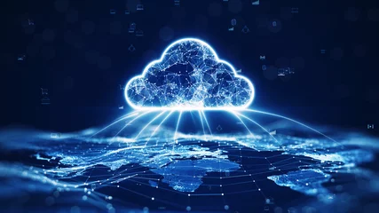 Foto op Canvas data transfer cloud computing technology concept. There is a large prominent cloud icon in the center with internal connections. and small icon on abstract world map polygon with dark blue background. © Ar_TH
