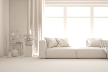 Mock up of minimalist living room in white color with sofa. Scandinavian interior design. 3D illustration