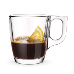 Glass cup of espresso Romano coffee isolated on white.