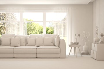 Mock up of stylish room in white color with sofa and green landscape in window. Scandinavian interior design. 3D illustration