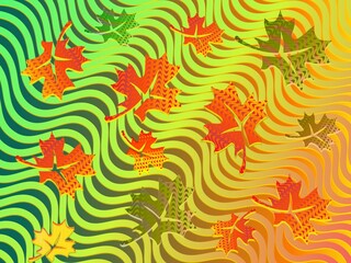 Autumn Maple Leaves On Gradient Green - Orange Waved Background. Motion Effect Of Changing Season. Canadian National Symbol. Canvas Movement Illusion