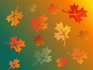 Autumn Maple Leaves On Gradient Green - Orange Background. Motion Effect Of Changing Season. Canadian Symbol