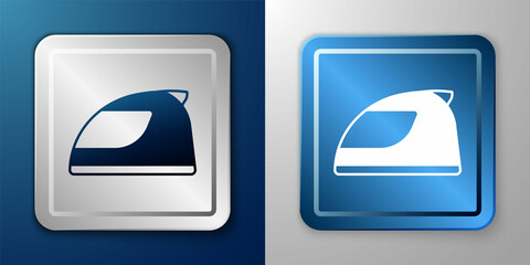 White Racing helmet icon isolated on blue and grey background. Silver and blue square button. Vector