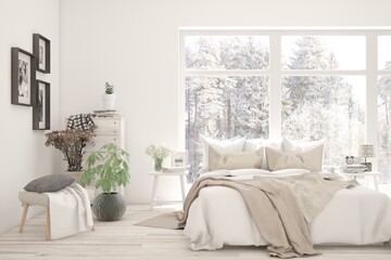 White bedroom interior with home decor. Scandinavian design. 3D illustration
