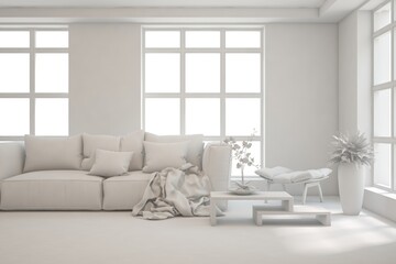 White minimalist living room with sofa. Scandinavian interior design. 3D illustration