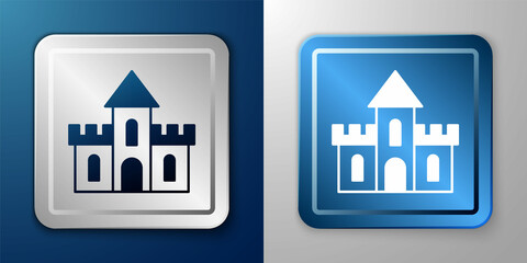 White Sand castle icon isolated on blue and grey background. Silver and blue square button. Vector