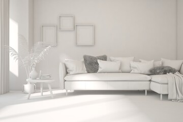 White minimalist living room with sofa. Scandinavian interior design. 3D illustration