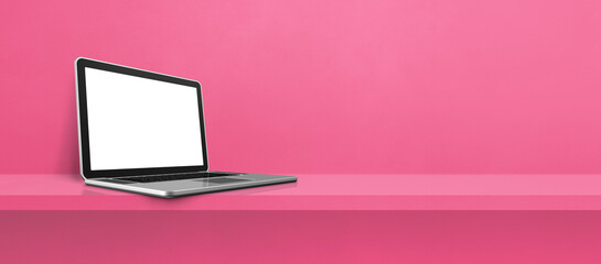 Laptop computer on pink shelf background banner