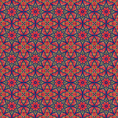 Indian boho summer bandana seamless symmetrical pattern. Versatile masculine red blue scarf print in kaleidoscopic floral ornamental style.