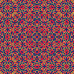 Indian boho summer bandana seamless symmetrical pattern. Versatile masculine red blue scarf print in kaleidoscopic floral ornamental style.