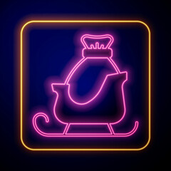 Glowing neon Christmas santa claus sleigh with sack bag icon isolated on black background. Merry Christmas and Happy New Year. Vector