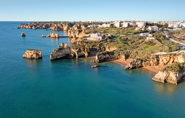 Naklejka premium Aerial from natural rocks near Lagos in the Algarve Portugal
