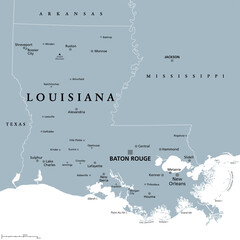 Louisiana, LA, gray political map with capital Baton Rouge and metropolitan area New Orleans. State in Deep South and South Central regions of United States, nicknamed Pelican, Bayou and Creole State.
