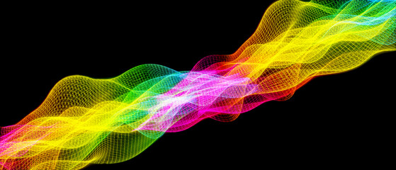 Heat wave, energize, energy transfer concept. Complex three dimensional waveform. colorful wire frame mesh on black background. Data visualization. 3D illustration, 3D rendering
