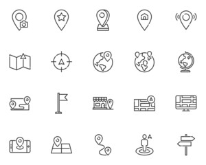 set of location line icons, destination, direction