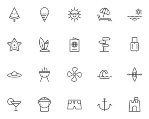 set of summer line icons, beach, sea, vacation, holiday