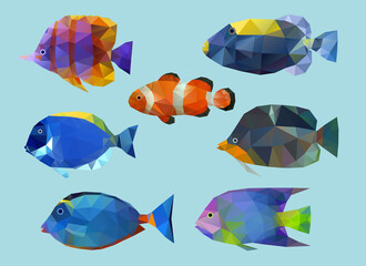 Low poly fish set. Polygonal tropical fish. Triangle vector illustration set