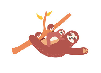 Sloth family hanging on twig. Happy Mother's Day cards. Vector illustration
