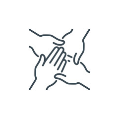Unity team and teamwork single line icon isolated on white Perfect outline symbol Togetherness and cooperation team. Group of four people holding arms together design element with editable Stroke line