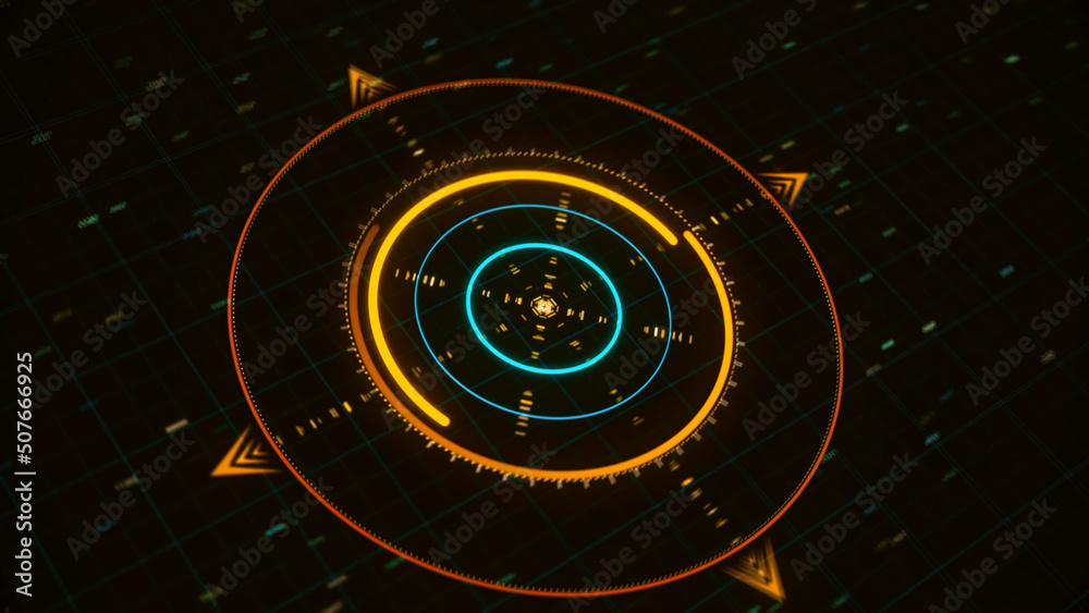 Poster abstract 3d circular graph resembling a modern compass with several narrow arrows and digits on the 