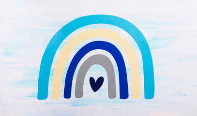Blue, turquoise, childlike rainbow with heart in the centre on linen structure painted with brush strokes as symbol for birth, baptism, communion or confirmation