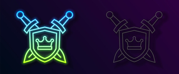 Glowing neon line Medieval shield with crossed swords icon isolated on black background. Vector