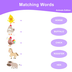 Matching words worksheet. Farm animal theme worksheet. Matching words with images using funny farm animals for kids. Vector illustration.