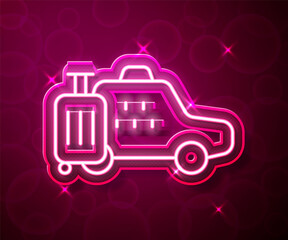 Glowing neon line Taxi car icon isolated on red background. Vector