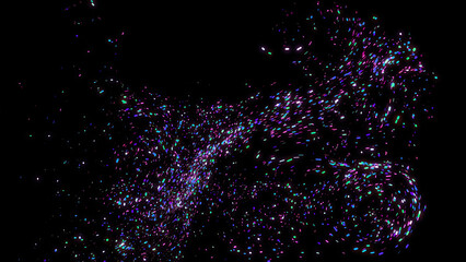 Magic stream of neon shining particles on black background. Animation. Abstract gentle blizzard of shining colorful particles on black background - obrazy, fototapety, plakaty