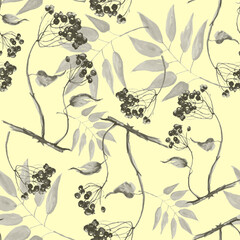 Watercolor viburnum, rowan and elder branches seamless pattern, hand painted on a white background. Branch, bunch of red berries of mountain ash. Watercolor. scarf, fabric, material