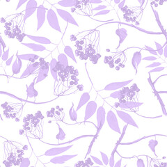 Watercolor viburnum, rowan and elder branches seamless pattern, hand painted on a white background. Branch, bunch of red berries of mountain ash. Watercolor. scarf, fabric, material