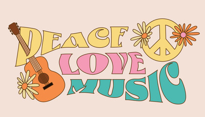 Love peace music lettering. Retro vintage hippie inscription.