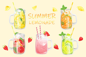 Summer refreshing lemonades in glass jars. Cocktails with strawberries, lime, lemon, grapefruit, orange. - obrazy, fototapety, plakaty