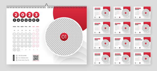 Desktop Monthly Photo Calendar 2023. Simple monthly horizontal photo calendar Layout for 2023 year in English. Cover Calendar and 12 months templates. Week starts from Monday. Vector illustration
