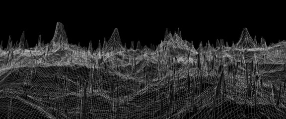 polygonal terrain, wireframe landscape, connection grid, futuristic 3d mountains, fine lines in motion, computer generated 3d tissue, network abstract illustrated, silky waves - obrazy, fototapety, plakaty
